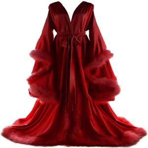 깃털 새틴 여성 댄스 파티 드레스 섹시한 V 넥 풀 슬리브 새틴 웨딩 잠옷 이브닝 가운 맞춤형 정장 신부 가운