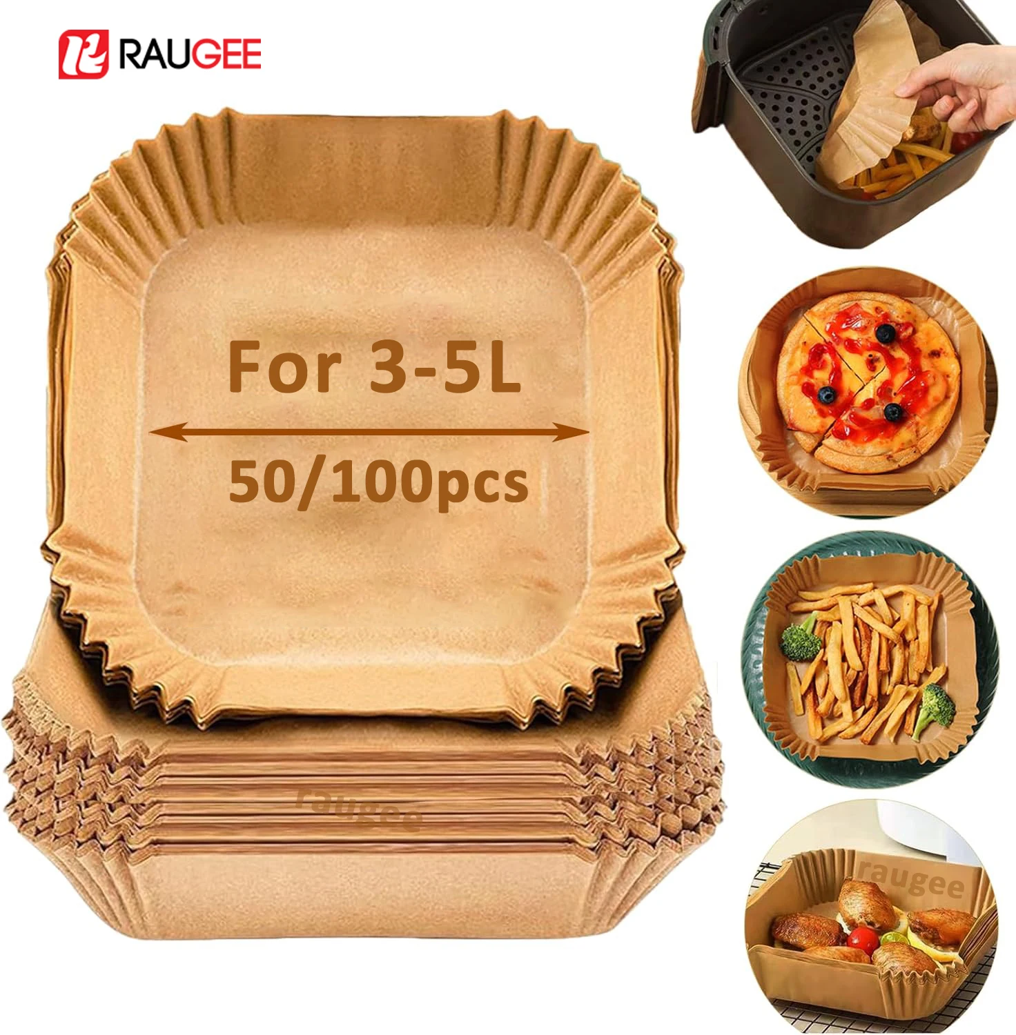 50/100개 에어프라이어 종이 라이너 논스틱 오일프루프 및 방수 베이킹 종이 전자레인지용 에어프라이어 종이 트레이