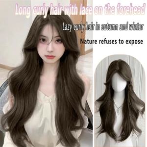 이마에 레이스 가발, 여성의 길고 자연스럽게 보송보송한 머리, 큰 웨이브, 중간 이별, 긴 곱슬머리, 풀 헤드