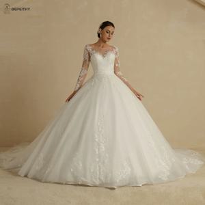 베피스티 맞춤형 고급 긴팔 공주 웨딩드레스 여성용 글리터 코트 트레인 레이스 보헤미안 신부 드레스