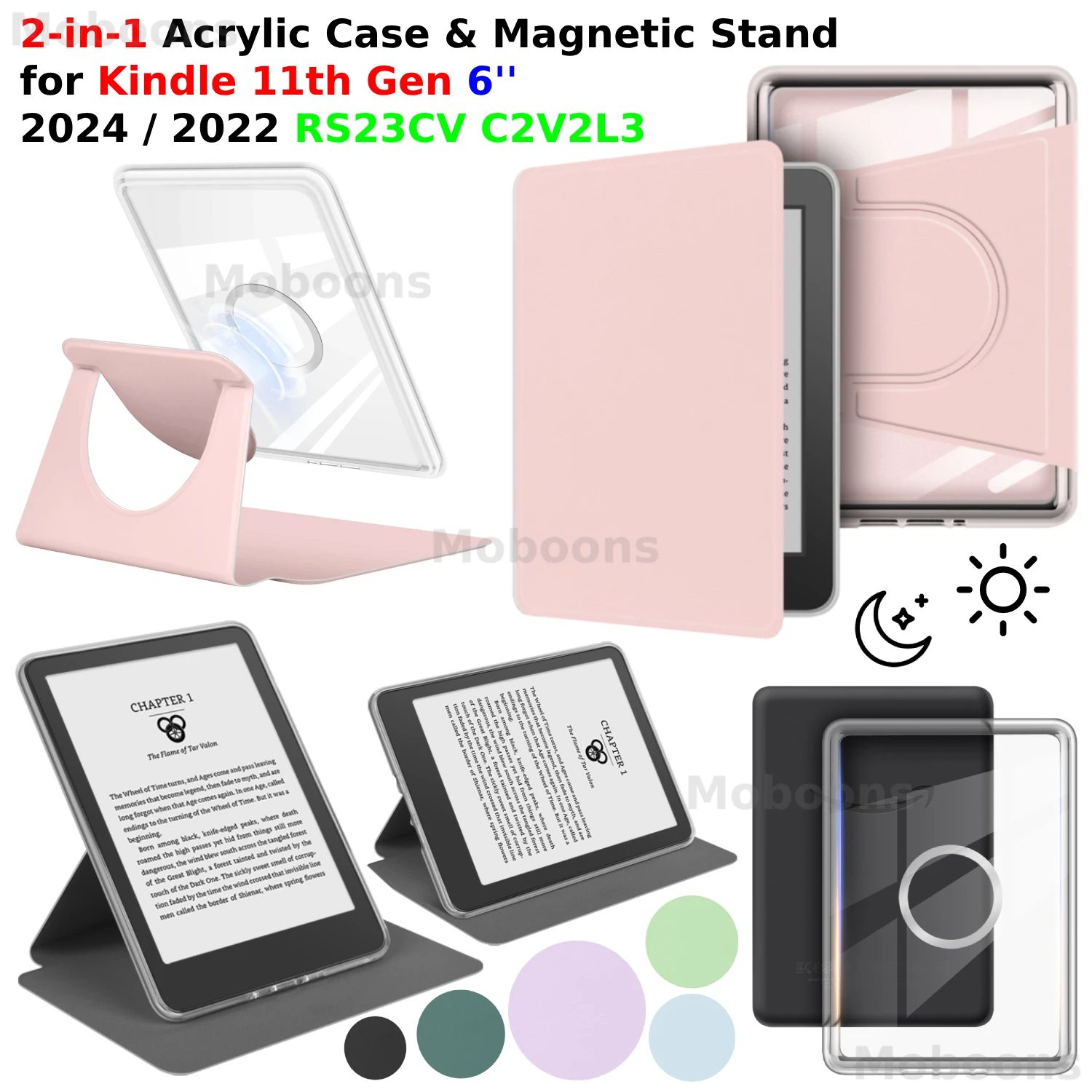 Kindle 11세대 케이스 6'' 360용 °   회전식 2-in-1 자기 분리형 아크릴 케이스 PU 가죽 스탠드 RS23CV C2V2L3 Sleep Funda