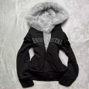 하라주쿠 한국 감성 빈티지 레터 퍼 칼라 후드 스웨트셔츠 카와이 가을 겨울 여성 Y2K 집업 후디