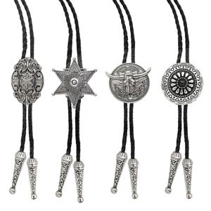 남성용 빈티지 웨스턴 카우보이 볼로 타이, 스타 불 원형 크로스 펜던트, 블랙 가죽 로프 넥타이, 여성용 목걸이 액세서리