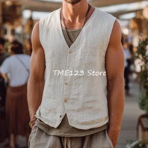얇은 작업 조끼 베스톤 V넥 질레 남성 린넨 패션 정장 싱글 버튼 조끼 남성 캐주얼 웨이스트코트 남성 정장 블레이저