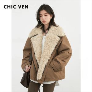 CHIC VEN 패션 여성 코트 루즈 캐주얼 뉴 레트로 오토바이 코튼 재킷 두꺼운 따뜻한 여성 오버코트 가을 겨울 2025