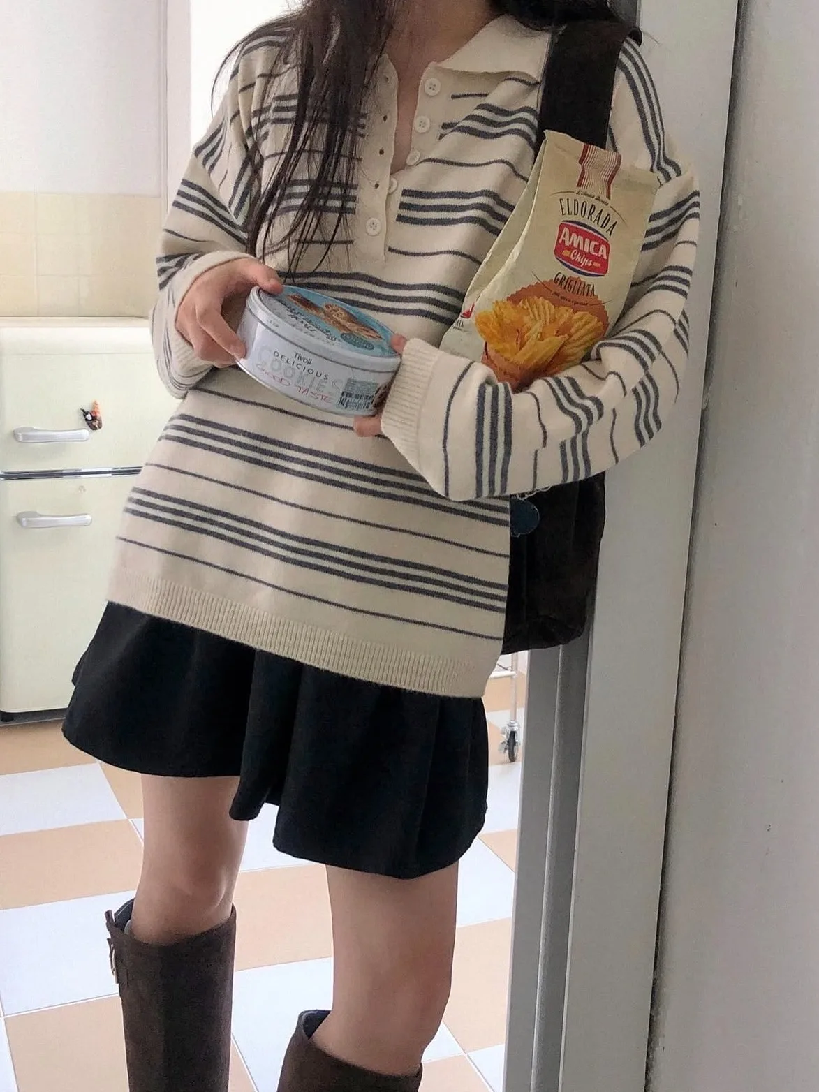 여성용 폴로넥 니트웨어 세로 줄무늬 루즈핏 컬러 블록 초가을 신상 레트로 캐주얼 패션 봄 가을