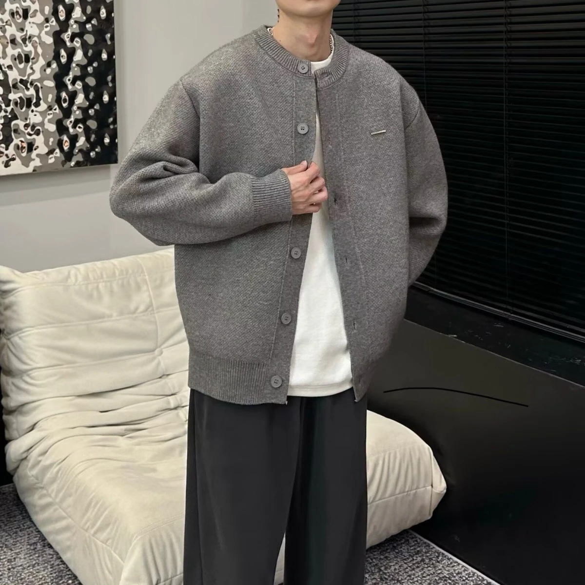 클린핏 단색 심플 니트 가디건 남성용 아메리칸 캐주얼 다용도 스웨터 재킷 2025 트렌드 폴리에스터 섬유 긴팔 라운드넥