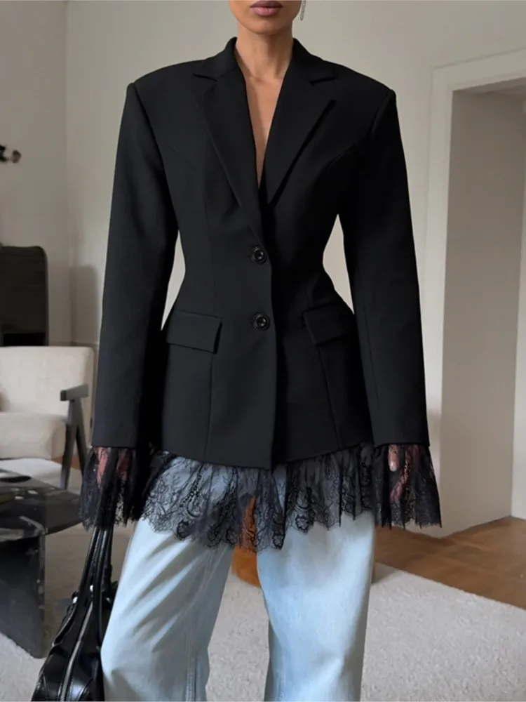 우아한 레이스 블레이저 코트 여성 패션 오피스 레이디 긴 소매 싱글 브레스티드 재킷 2025 신상 가을 블랙 캐주얼 슬림 코트