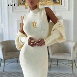 여성용 VGH 섹시 투피스 세트, 스탠드 칼라 민소매 하이웨이스트 바디콘 베스트 드레스와 긴팔 니트 코트 수트