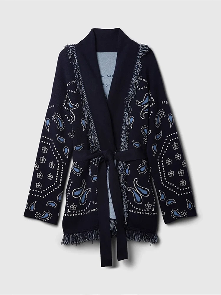 빈티지 태슬 프린트 여성용 프린트 가디건 V넥 레이스업 긴팔 스플라이스 스웨터 2025 가을 여성용 올매치 니트웨어