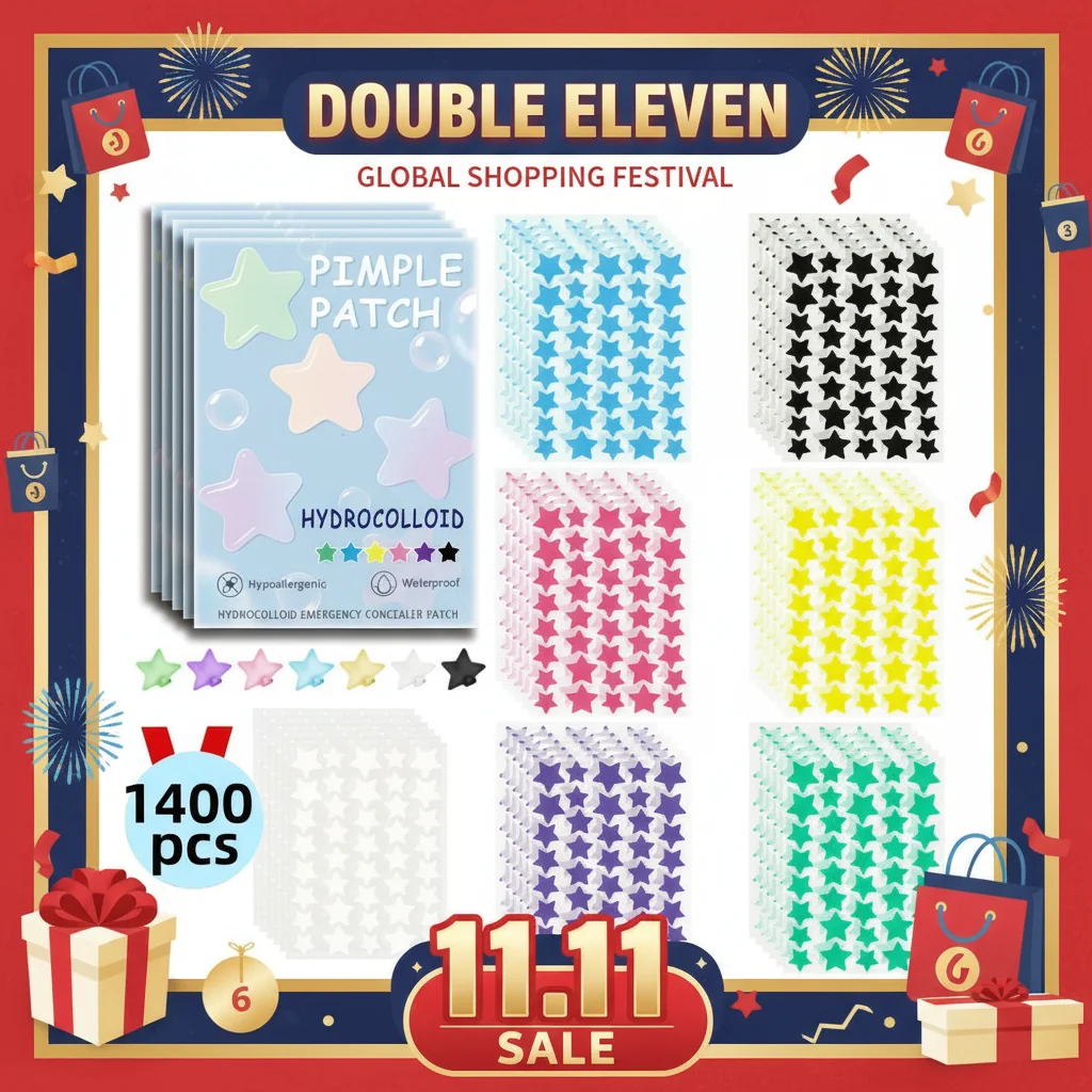 1400개 컬러풀 스타 여드름 제거 스티커 투명 통기성 하이드로콜로이드 여드름 패치 여드름 자국 커버 메이크업