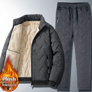 새로운 겨울용 남성용 보온 패딩 수트, 아버지용 플리스 안감 두꺼운 면 코트 & 바지 세트 (노인 아버지용 플러스 사이즈)