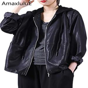 Amax 룰루E 스프링 유럽풍 여성용 블랙 인조 가죽 재킷 여성 펑크 캐주얼 PU 바이커 코트 루즈핏 오토바이 의류