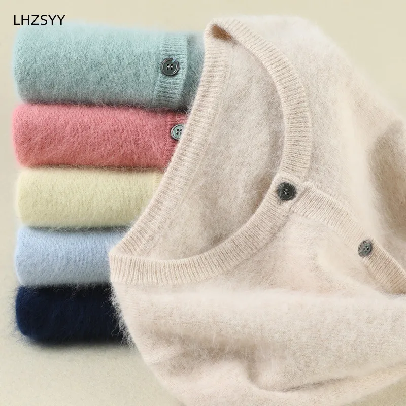 여성 카디건 대형 따뜻한 순수 밍크 캐시미어 스웨터 오-넥 루즈 코트 여성 스웨터 여성용 자켓 솔리드 니트 가디건