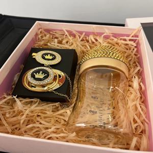 Dollbling 수제 크리스탈 골드 아기 병 및 젖꼭지 클립 세트 0-6m 유아 소녀 신생아 앵글 윙 크라운 보육 장식