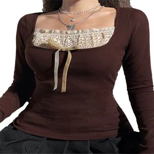 Y2k 여성용 긴 소매 니트 탑 레이스 스티치 넥 라인 니트웨어 Bowknot 장식 슬림 피트 Tshirt 풀오버 Clubwear