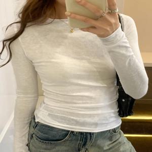 2025 봄 가을 여성용 티셔츠, 솔리드 슬림핏 긴팔 O넥 티셔츠, 여성 캐주얼 스트릿웨어 고품질 베이스 티