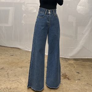 하이웨이스트 와이드 레그 진 레트로 투버튼 프레이드 헴 다용도 스트레이트 컷 봄 가을 시크 플러스 사이즈 여성 데님 팬츠