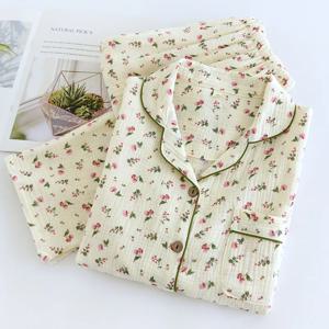 2025 봄과 가을 여성 잠옷 세트 100% 코튼 크레페 긴팔 바지 투피스 귀엽고 달콤한 홈 퓨리 세트 숙녀