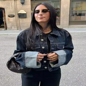 여성 빈티지 데님 재킷 싱글 브레스티드 라펠 긴 소매 코트 포켓 달린 다크 블루 데님 재킷 패션 하이 스트리트 탑