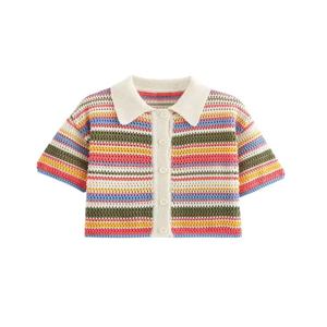 여성용 스트라이프 크로셰 니트 크롭 스웨터, 폴로 칼라, 반소매, 버튼업, 여성 아우터웨어, 시크 탑스, 패션