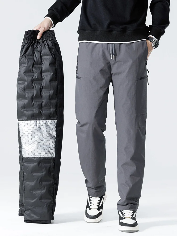 겨울 다운 바지 남성 90% 화이트 오리 다운 패딩 따뜻한 바지 야외 방수 방풍 캐주얼 스트레이트 열 퍼퍼 바지