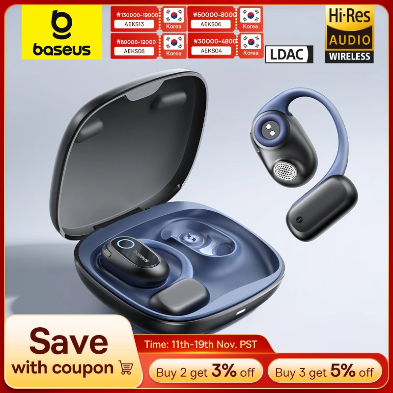 Baseus Bowie MF1 오픈 이어 스포츠 무선 이어폰 Bluetooth 5.4 EarHooks Big Bass 스포츠 헤드폰 60Hrs 재생 시간 IPX4 이어 버드