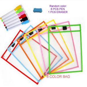 쓰기 연습이 포함된 6색 재사용 가능한 건식 지우기 파일 가방 닦을 수 있는 6색 화이트보드 펜 및 임의 색상 지우개 세트 1개