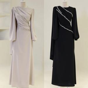 맞춤형 스파클 매칭 쉬폰 비즈 스팽글 라인 석 플리츠 스트레이트 스쿠프 넥 롱 드레스 맞춤형 행사 드레스