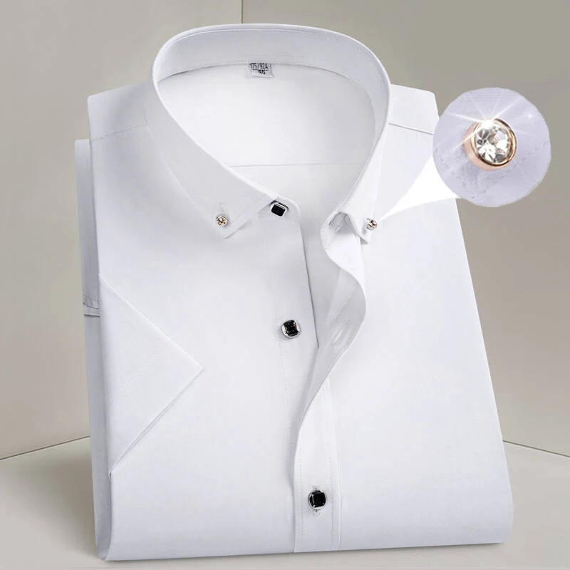 뜨거운 판매 남자 드레스 셔츠 정장 얇은 비즈니스 클래식 기본 다이아몬드 버튼 사회 흰색 셔츠 반팔 남성 의류