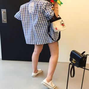 캐주얼 체크무늬 수트 재킷 여성 여름 동대문 루즈핏 플러스 사이즈 얇은 반팔 미디 길이 캐주얼 웨스턴 스타일 코트