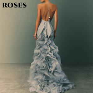 ROSES 라이트 블루 파티 드레스 우아한 홀터넥 - 러플 트레일링 디자인 이브닝 드레스가 있는 넥 인어 댄스 파티 드레스 맞춤형