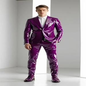 밝은 PU 가죽 남성 정장 세트 2 조각 블레이저 + 바지 바지 웨딩 턱시도 공식 사무실 신랑 댄스 파티 재킷 비즈니스 코트