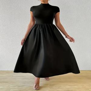 플러스 사이즈 1XL-5XL 여성 블랙 하프 하이 칼라 드레스 빈티지 기질 짧은 소매 드레스 세련된 슬림 a 라인 드레스 숙녀