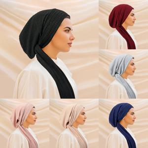 새로운 솔리드 컬러 터번 Hijab 모자 긴 꼬리 머리 랩 탄성 이슬람 모자 여자를위한 통기성 Chemo 모자 여자
