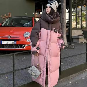 2025 신상 겨울 배색 다운 코튼 패딩 자켓 여성 오버코트 롱 브레드 의류 한국 후드 루즈핏 두꺼운 따뜻한 파카