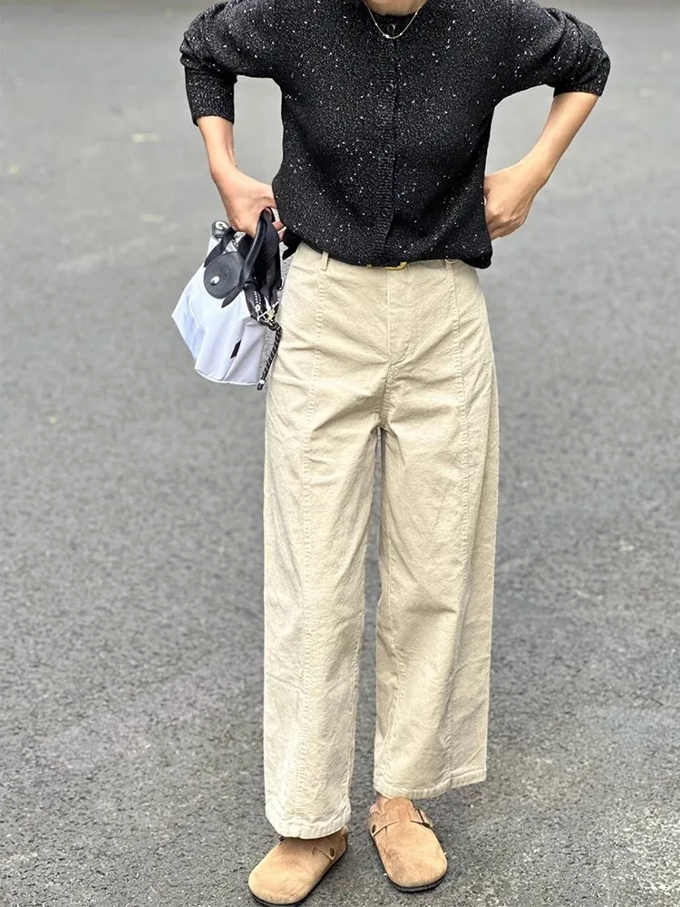 코듀로이 와이드 레그 캐주얼 팬츠 여성용 하이웨이스트 스트레이트 컷 나인 포인트 팬츠 가을 신상 빈티지 루즈핏 출퇴근용