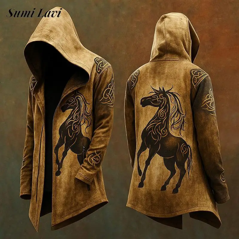 빈티지 고스 프린트 후드 코트 남성 가을 겨울 신상 캐주얼 루즈핏 긴팔 롱 가디건 탑 남성 패셔너블 자켓 코트