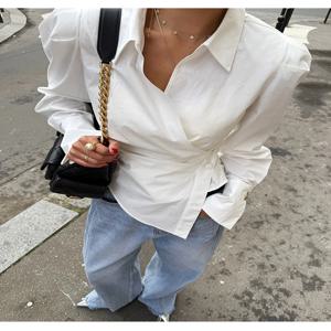 우아한 흰색 셔츠 여성 패션 불규칙한 블라우스 Office Ladies 한국어 긴 소매 세련된 버튼 슬림 디자인 streetwear 탑스