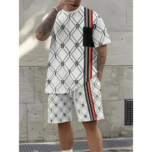 2025 여름 남성 의류 레터 프린트 반팔 상의 남성용 밴딩 반바지 투피스 세트 플러스 사이즈 티셔츠 반바지 세트