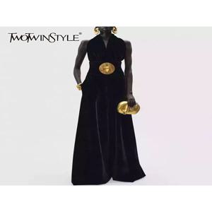 TWOTWINSTYLE 여성용 블랙 슬리밍 스플 라이스 스팽글 패션 점프 슈트 Halter 민소매 백리스 하이 웨이스트 점프 슈트 여성