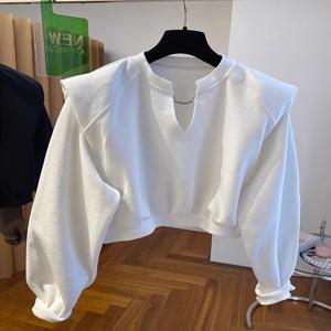 플러스 사이즈 300파운드 디자인 센스 루즈 캐주얼 브이넥 스웨트셔츠 여성 초가을 숏 숄더 패드 상의