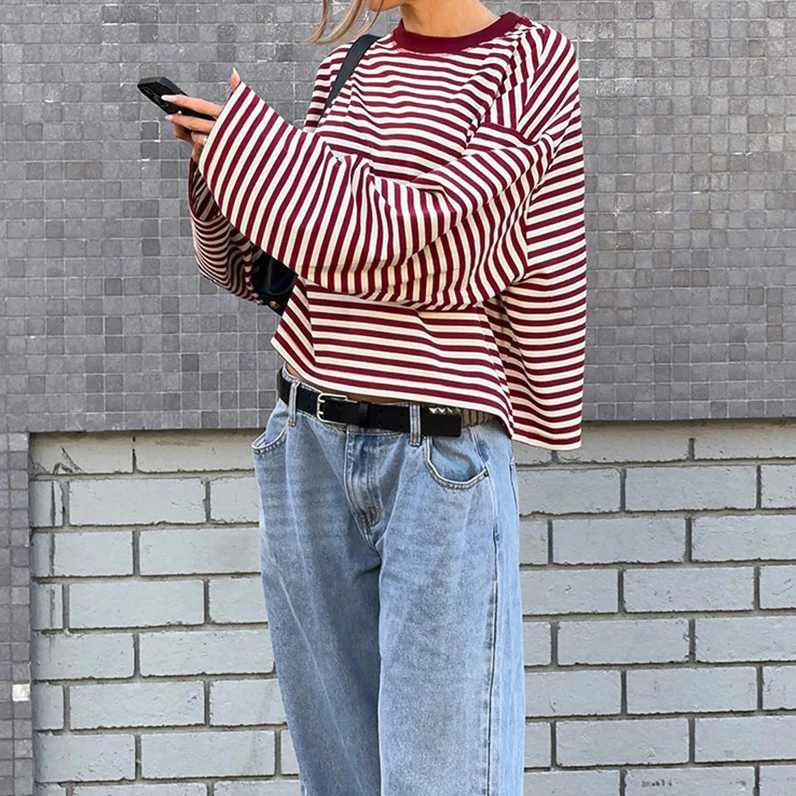 여성 y2k 빈티지 스트라이프 크롭 티셔츠 드롭 숄더 긴 소매 크루넥 스웨트 페어리 그런지 스웨터 탑 스트리트웨어