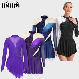 성인 여성 체조 예술 피겨 스케이팅 발레 서정적 댄스 의상 반짝 이는 라인 석 긴 소매 러플 댄스 드레스