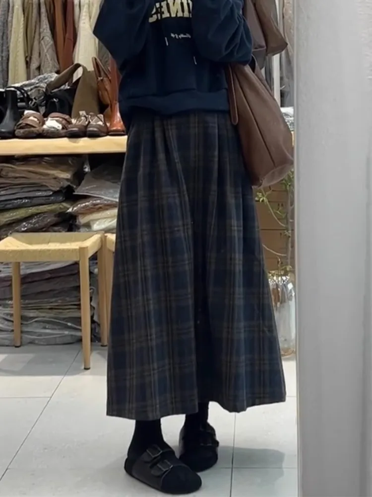 레트로 일본 스타일 하이웨이스트 울 체크 미니 스커트 여성용 가을 겨울 플러스 사이즈 다용도 미디 길이 A라인 스커트