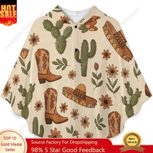아늑한 플란넬 담요 스웨터, 남서부 선인장 부츠 포켓이 있는 오버사이즈 후드티(어린이 및 청소년용)