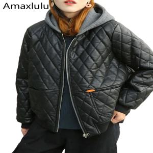 Amax luluE 2025 겨울 여성 느슨한 가짜 가죽 자켓 유럽 스타일 패딩 펑크 캐주얼 PU 코트 빈티지 블랙 고딕 의류
