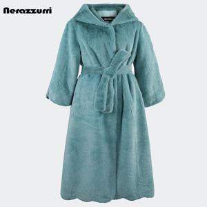 Nerazzurri 여성용 엑스트라 롱 럭셔리 코트, 두껍고 따뜻한 블랙, 부드럽고 푹신한 인조 렉스, 후드 새시 포함, 가을 겨울