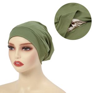 새틴 줄 지어 Hijab 모자 보닛 헤어 캡 더블 레이어 수면 나이트 캡 헤드 커버 이슬람 패션 저지 Hijab 모자 이슬람 머리 착용
