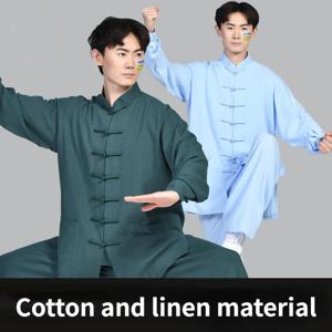 중국어 번체 의류 세트 남자 가을 리넨 버클 쿵푸 셔츠 동양 레트로 탑 바지 태극권 통기성 유니폼 Hanfu